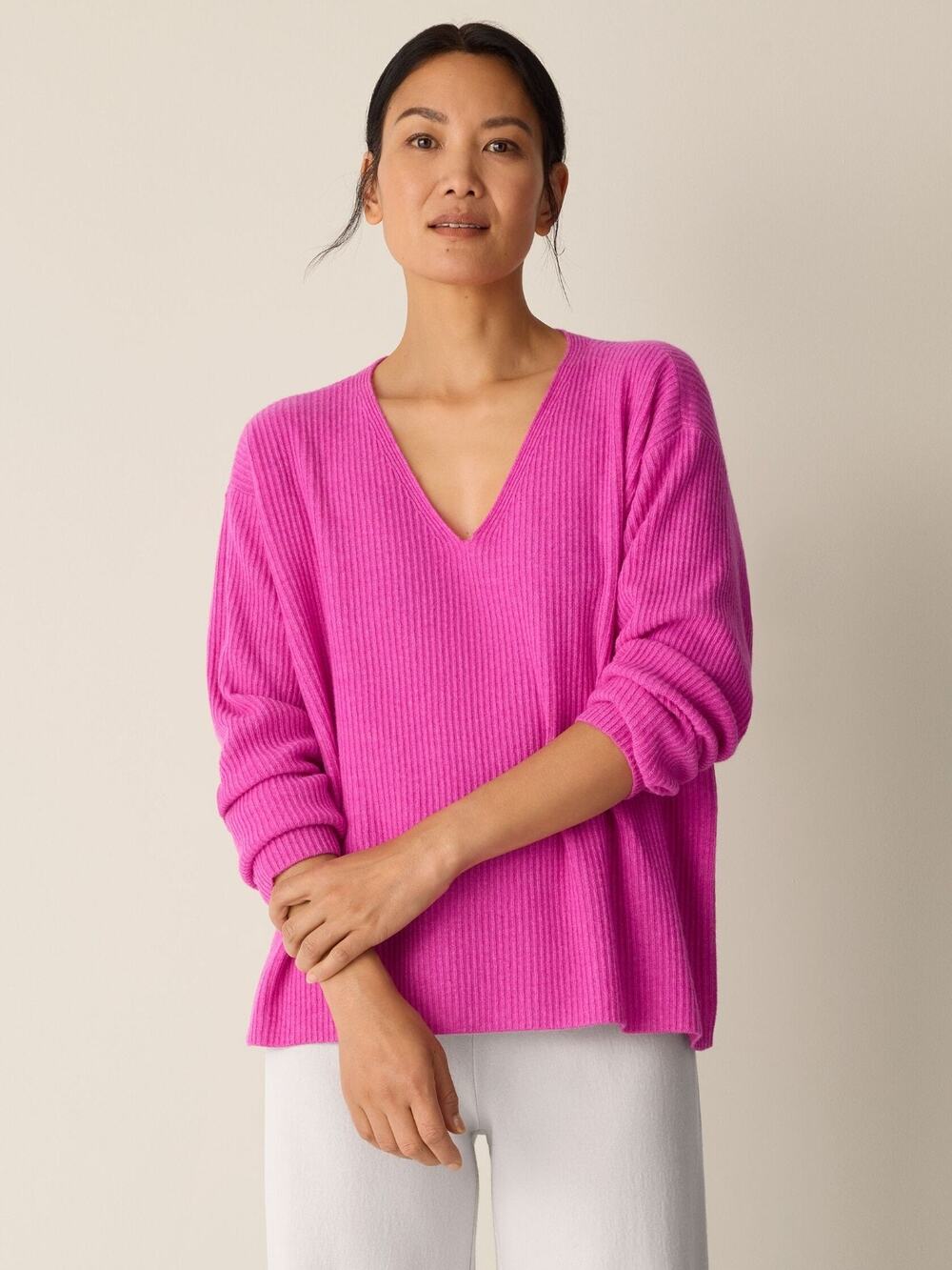 Eileen Fisher Cashmere Sweater Womens L Pink Relaxed Fit Pullover Ribbed V-neck